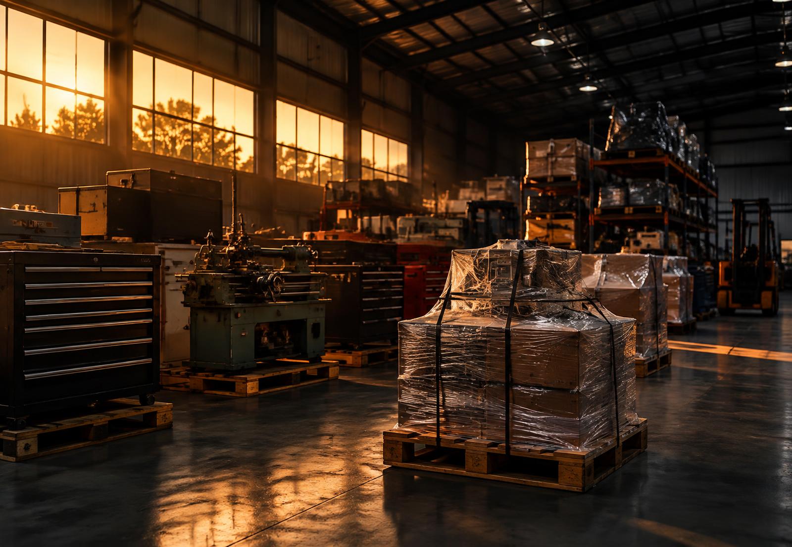 Auction warehouse with tool chests, machinery and wrapped pallets